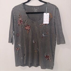 NWT Caite Greta Top Kyla Seo Karyn Embroidered Butterfly Star Small T Shirt Gray
